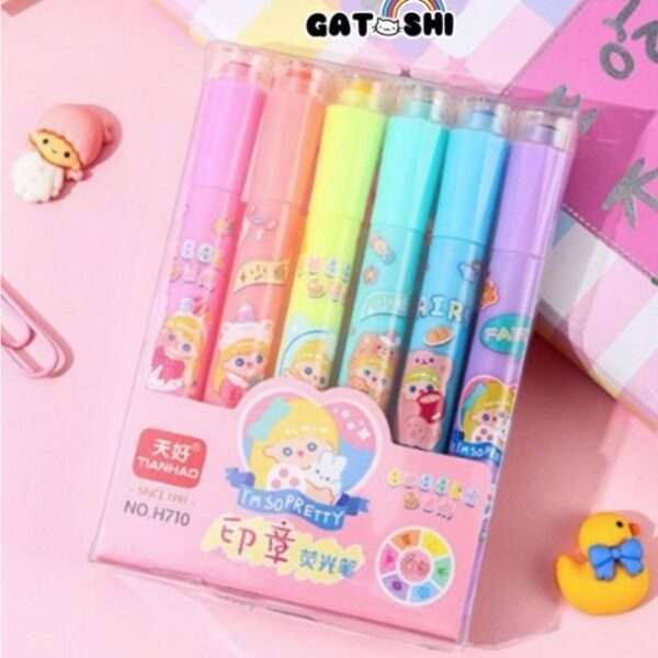 Kawaii Cartoon Highlighter Pen with Stamp Art